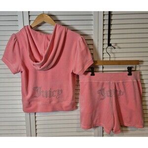 Juicy Couture Y2K Flamingo Pink Velour Rhinestone Hoodie Shorts Set Womens M NWT